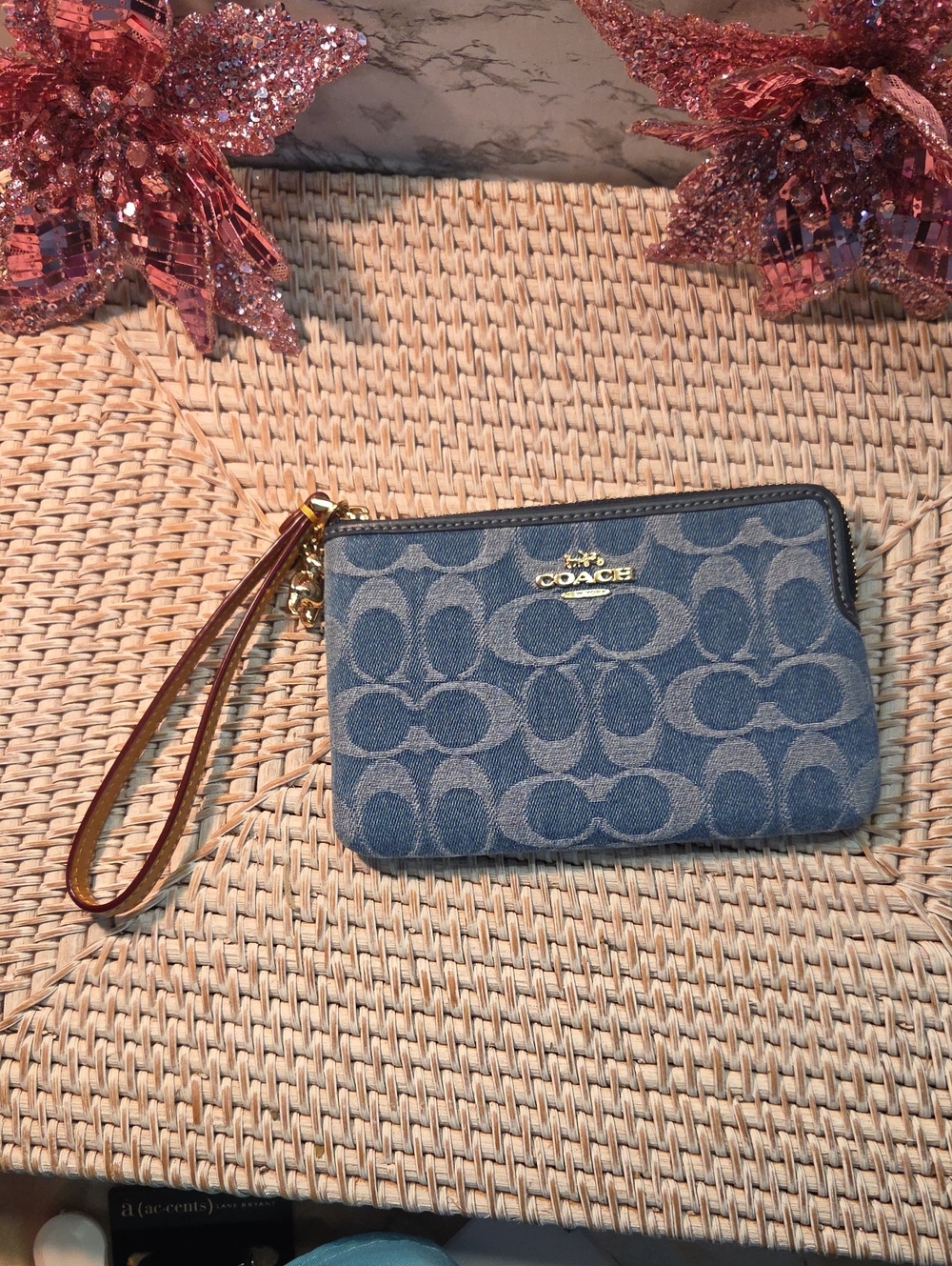 COACH Blue Signature Zip Wristlet with Brown Strap